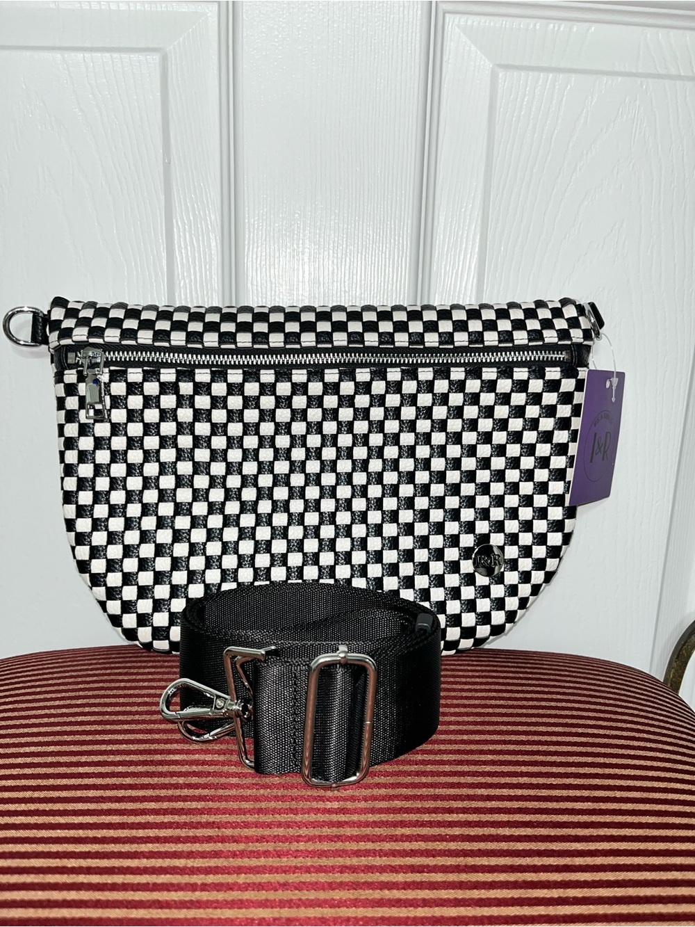 Iris & Rainbow Black/White Day In Tessellate Woven Faux Leather Crossbody Bag